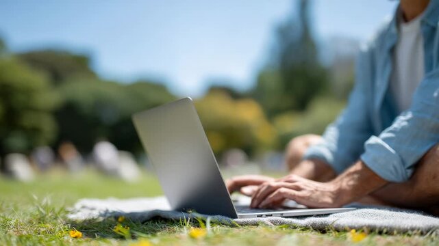 Young man, possibly a digital nomad or remote worker, sits comfortably on blanket in vibrant green park, diligently typing on laptop, enjoying work life balance amidst nature's beauty