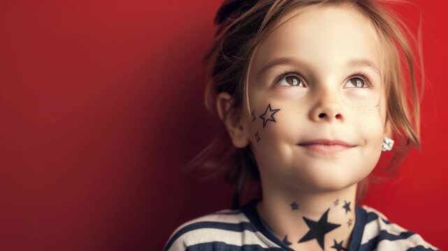 Child with star face paint looks up dreamily in front of red background