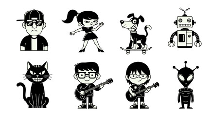 Diverse group of cartoon characters and creatures in a playful design