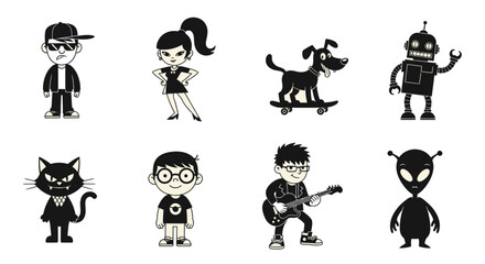 Obraz premium Cartoon characters a diverse group of stylized black and white figures