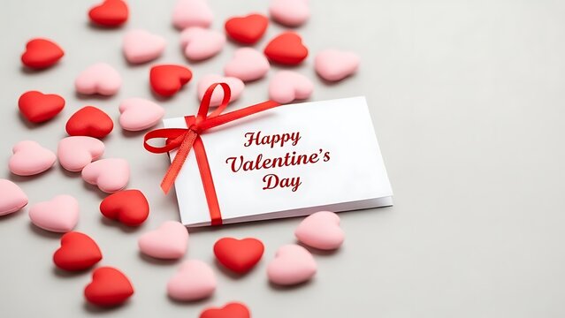 Happy Valentine's Day Card Surrounded by Heart Candies on a Light Gray Background
