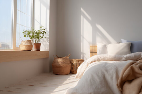 A bedroom with a window and a bed