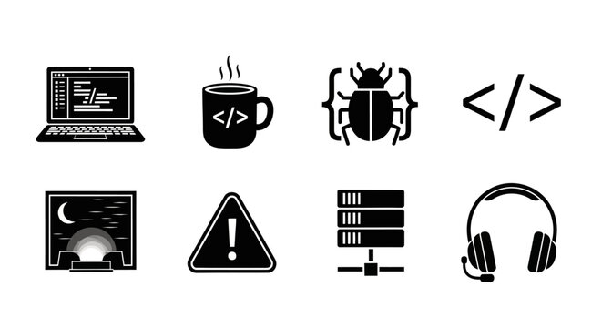 Black and white icons representing coding technology and digital lifestyle