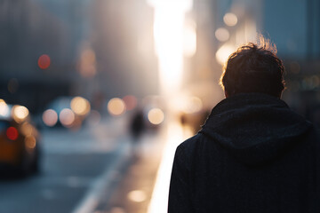 A man is standing on a city street, looking off into the distance