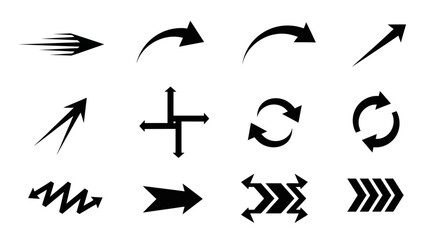 Obraz premium Collection of diverse black arrow icons representing direction and movement