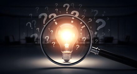 Magnifying glass highlighting a luminous idea bulb while question marks fade into background, symbolic visual, dark corporate environment