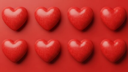 Obraz premium Eight shiny red hearts arranged in two rows on a vibrant red background for Valentine's Day