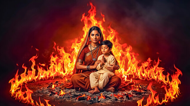 Holika and Prahlad Sitting at Fire, Indian Holiday Holika Dahan Legend 