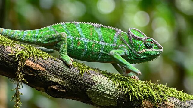 Green Chameleon on Mossy Branch - A Close-Up Look.