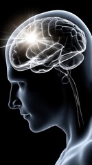 Obraz premium Abstract design shows a human head with a glowing brain and connection lines, representing ideas in technology and innovation