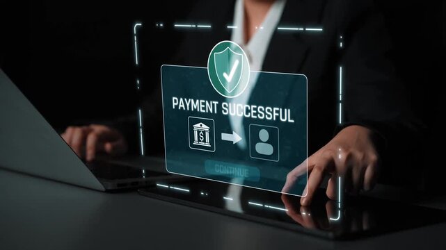 Successful transaction message showing secure payment. Payment confirmed, secured, payment processed, and payment completed with trust and transaction integrity. Marrow