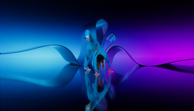 Woman balancing on hands inside flowing abstract 3D shapes