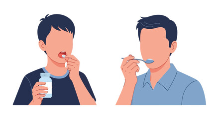 Fototapeta premium Two men taking medicine with a spoon and from a bottle