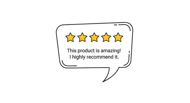 Five star review in a speech bubble with positive customer testimonial