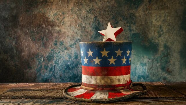 Rustic top hat with American flag colors and star against textured background