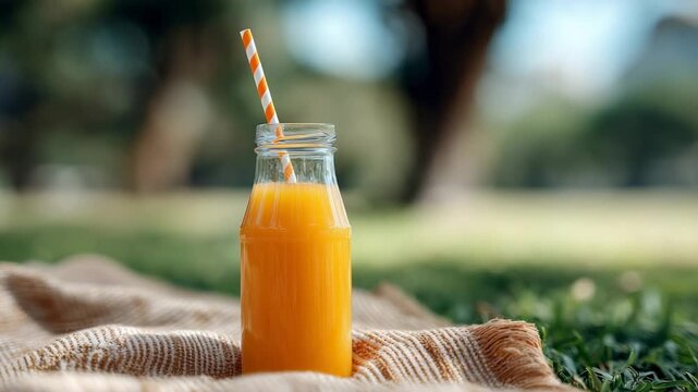 Orange juice resting in glass bottle, striped paper straw beside, positioned on picnic blanket within grassy park landscape, embodying summer refreshment