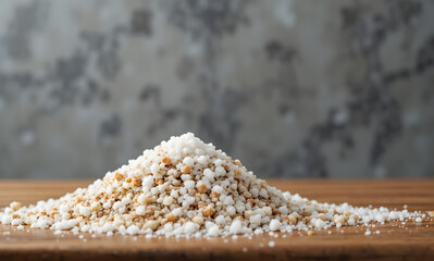 Small mound of light brown granular material rests on a wooden surface against a blurred gray background suggesting a natural additive or coarse sugar.