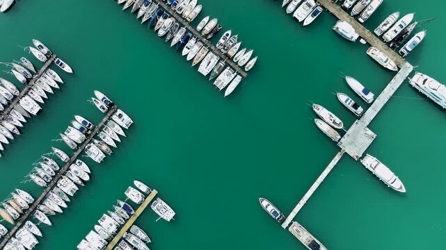 Top down aerial drone view of docked sailboats and luxury yachts arranged symmetrically at piers in Gouvia Marina Corfu Greece, vertical shot of emerald green harbor water and nautical vessels