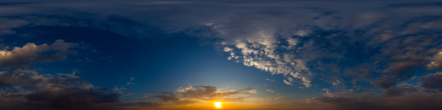 Sky hemisphere. Dome photo of sky for your 360&deg; VR photography or video. Dramatic Sunset Sky Panorama with Golden Sun and Clouds