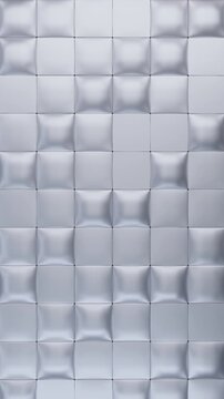 3D render vertical white metallic quilted wall texture background. Abstract silver geometric grid pattern curved surface. Futuristic minimalist architectural design.