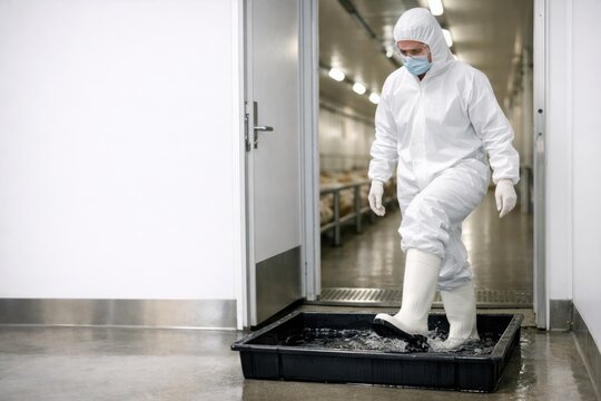 A Worker in Protective Gear Steps into a Sanitation Footbath, Ensuring Safety and Hygiene in a Controlled Environment for Biosecurity Measures