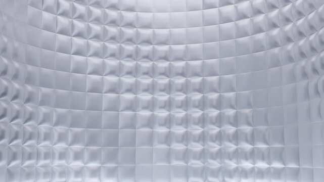 3D render white metallic quilted wall texture background. Abstract silver geometric grid pattern curved surface. Futuristic minimalist architectural design. Clean soft lighting.