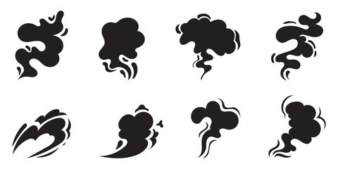 Obraz premium Comic smoke, fume flows, dust wind silhouettes set. Cofee, tea, soup steaming collection. Hand drawn vector illustration.