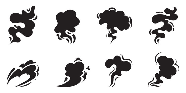 Comic smoke, fume flows, dust wind silhouettes set. Cofee, tea, soup steaming collection. Hand drawn vector illustration.