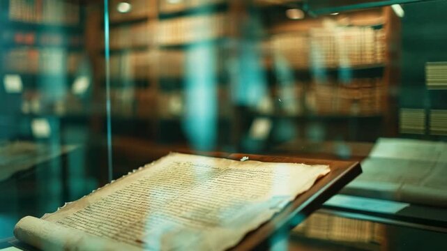 Ancient manuscript displayed behind glass in library or museum