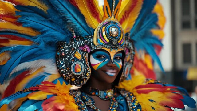 Participant in vibrant and flamboyant carnival costume walking proudly through the streets of Greenwich Village during the annual Pride Parade, celebrating LGBTQ+ identity and diversity