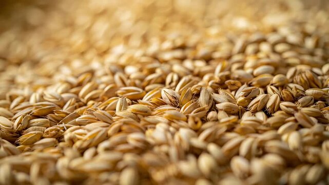 Close-up of golden ripe barley grains on blurred background