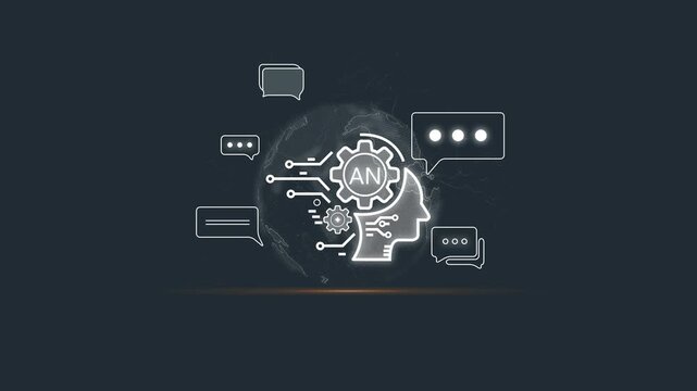 Artificial Intelligence Concept with Chatbots and Gears on a Dark Background with a Map robotics