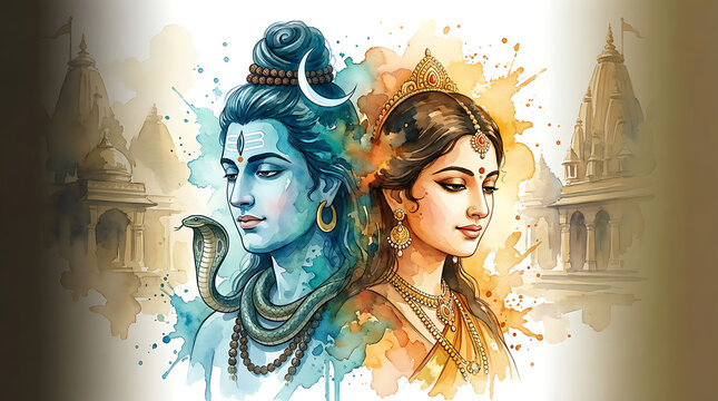 Watercolor painting of shiva and parvati with temple silhouettes for maha shivratri mahadev festival artistic spiritual illustration for greeting cards and devotional web banners design
