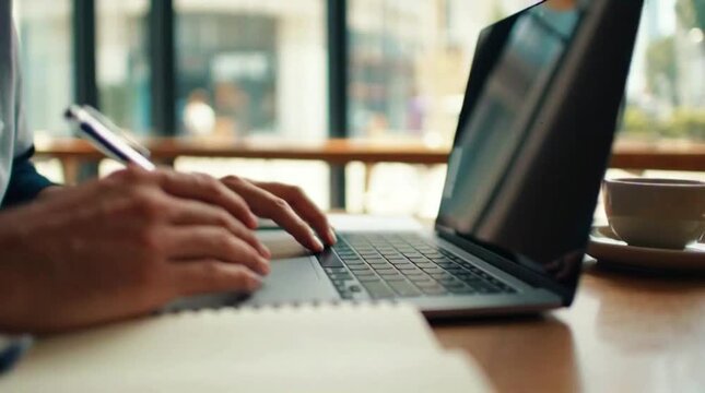 Freelancer Working on Laptop and Taking Notes in Coffee Shop