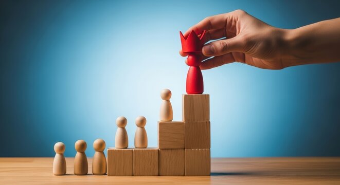 Hand placing red leader figure with crown on wooden blocks showing leadership hierarchy success and team growth