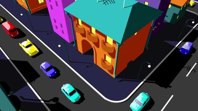 A cartoon-style night cityscape, rendered in vibrant, stylized 3D graphics