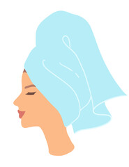 Vector illustration of woman in profile with towel wrapped around head. Flat beauty and wellness concept.