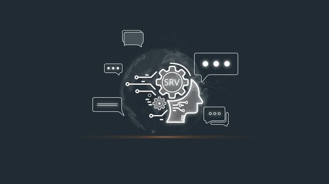 Server Room Technology Concept with Chat Bubbles and Gears on a Map Background