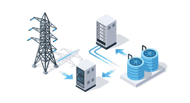 Isometric diagram illustrating power and cooling systems for a data center with servers and a transmission tower.