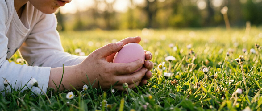 Child Hands Holding A Blue Egg: Close Up Of Small Hands Gently Cupping An Egg On Green Grass Outdoors In Natural Light
