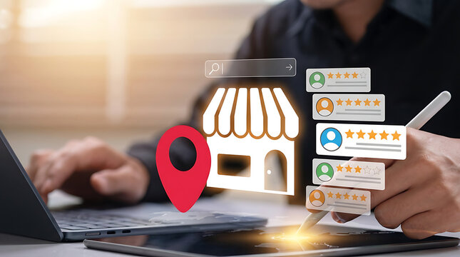 Businessman using tablet and laptop for local seo optimization and business management with store icon and map pin representing online visibility and ranking