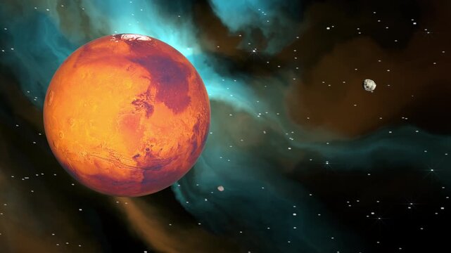 A 3D animation of the planet Mars and its moons in deep space