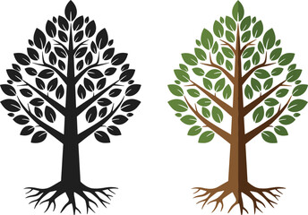 Obraz premium Deciduous, tree, collection, with, roots, and, leaves, set, in, black, silhouette, and, natural, color, vector, illustration, icons, for, landscape, design