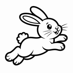 A whimsical black and white line drawing of a mid-jump rabbit with expressive features isolated on white background, Vector, illustration