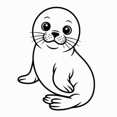 A cute cartoon depiction of a happy young seal sitting upright on a flat surface isolated on white background, Vector, illustration
