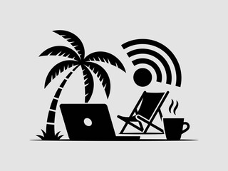 Relaxing tropical workspace with wireless connectivity and coffee isolated on white background, Vector, illustration