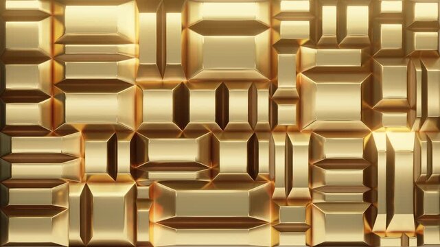 3D render abstract golden geometric pattern luxury metallic blocks. Shiny yellow gold texture background architectural wall design. Modern elegant decorative surface motion graphics.