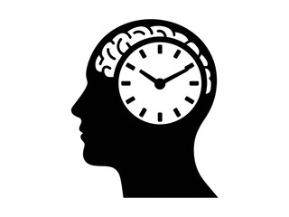 A creative depiction of time management and mental focus with a clock inside a brain silhouette isolated on white background, Vector, illustration