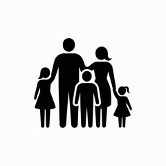 A family of five standing together in silhouette style isolated on white background, Vector, illustration