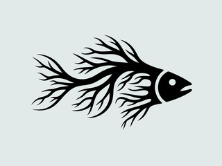 Graceful black and white silhouette of a betta fish with flowing tail fins isolated on white background, Vector, illustration